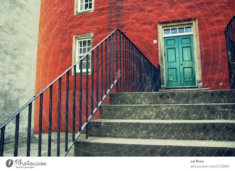 Closed Edinburgh Scotland House (Residential Structure) Wall (barrier) Wall (building) Stairs Window Door Esthetic Colour photo Banister Wooden door Swing door