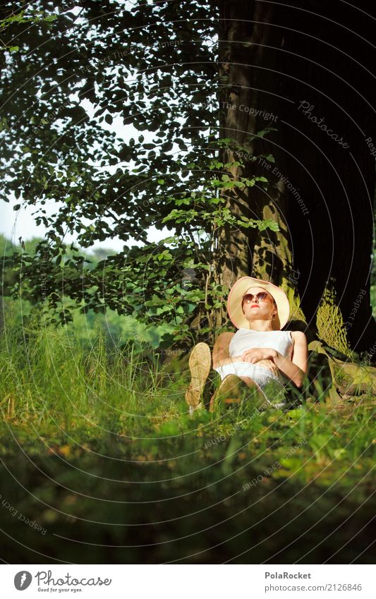 #A# Green sleep Art Work of art Esthetic Woman Sleep Lie Relaxation Forest Tree trunk Grass Sunglasses Sunlight Dress White Calm Park Exterior shot Summer