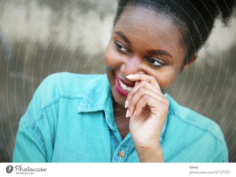 arabella Beautiful Feminine Woman Adults 1 Human being Wall (barrier) Wall (building) Shirt Black-haired Long-haired Curl Observe To hold on Smiling Laughter