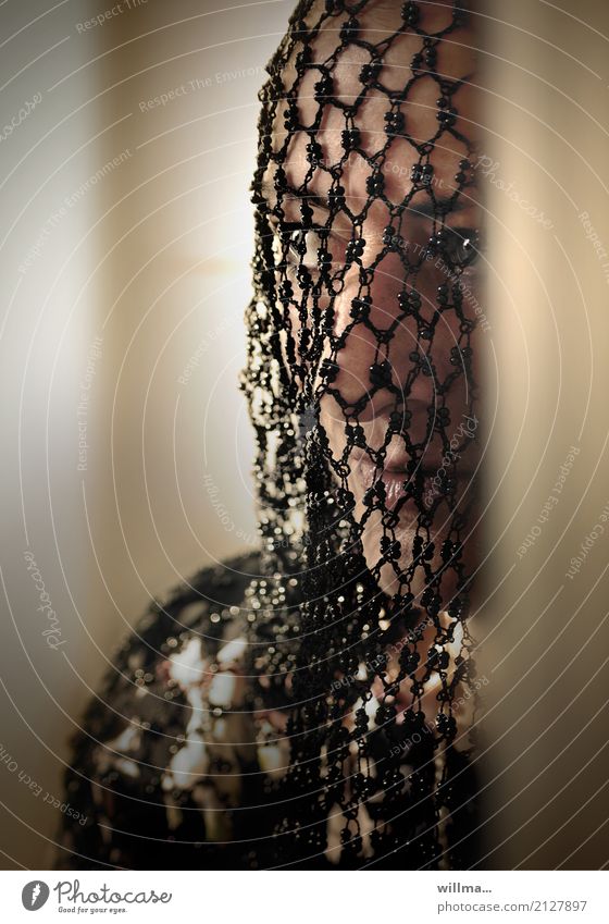 Woman's face behind a veil of net Lifestyle Feminine Adults Human being Net Reticular Observe Mistrust Fear Packaged Hide Timidity Black Pearl pearl net