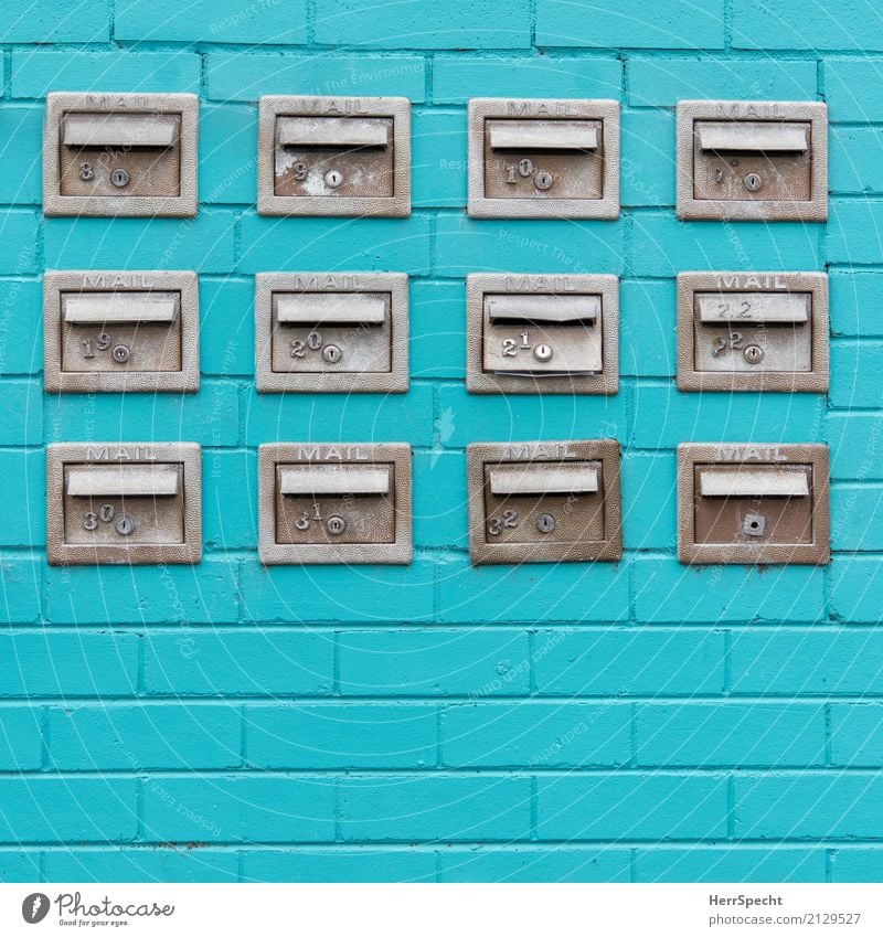 Post Boxes Town Manmade structures Building Wall (barrier) Wall (building) Facade Mailbox Metal Sharp-edged Small Many Gray Turquoise Apartment house