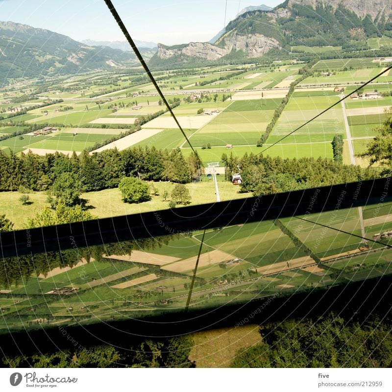 down into the valley Environment Nature Landscape Sky Summer Beautiful weather Plant Tree Grass Meadow Field Hill Rock Mountain Tall Vertigo Rope Cable car