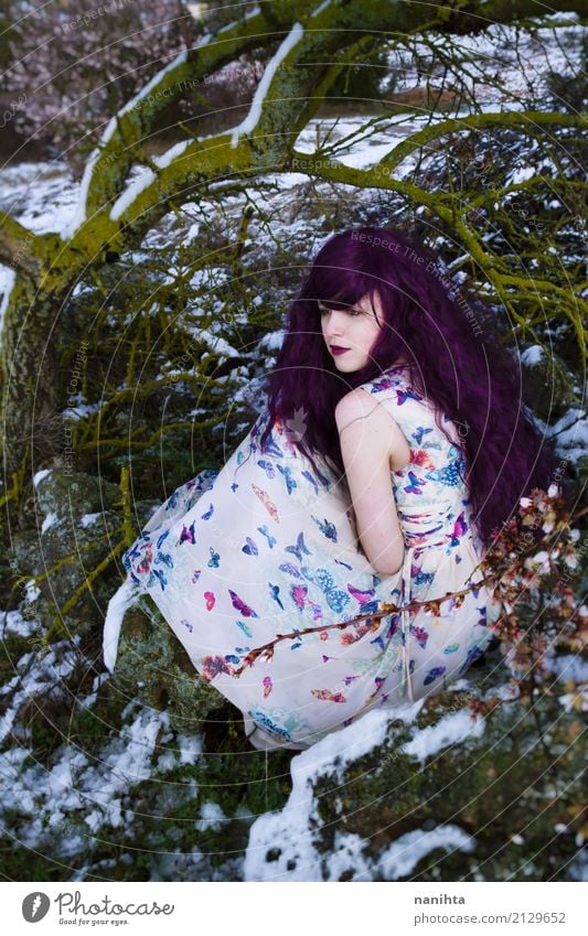 Young woman who looks like a fairy in a snowy forest Style Design Wellness Harmonious Calm Human being Feminine Youth (Young adults) 1 18 - 30 years Adults