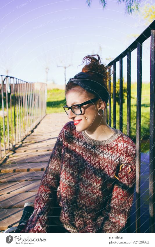 Young nerdy woman enjoying a day at a park Lifestyle Wellness Well-being Human being Feminine Young woman Youth (Young adults) 1 18 - 30 years Adults Spring