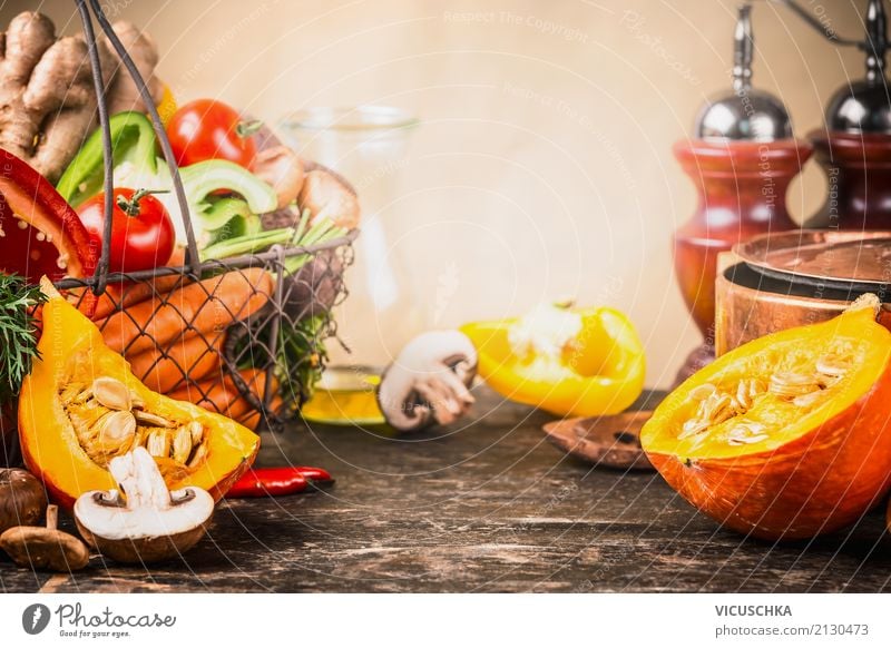 Pumpkin and autumn vegetables on the kitchen table Food Vegetable Herbs and spices Cooking oil Nutrition Lunch Dinner Organic produce Vegetarian diet Diet