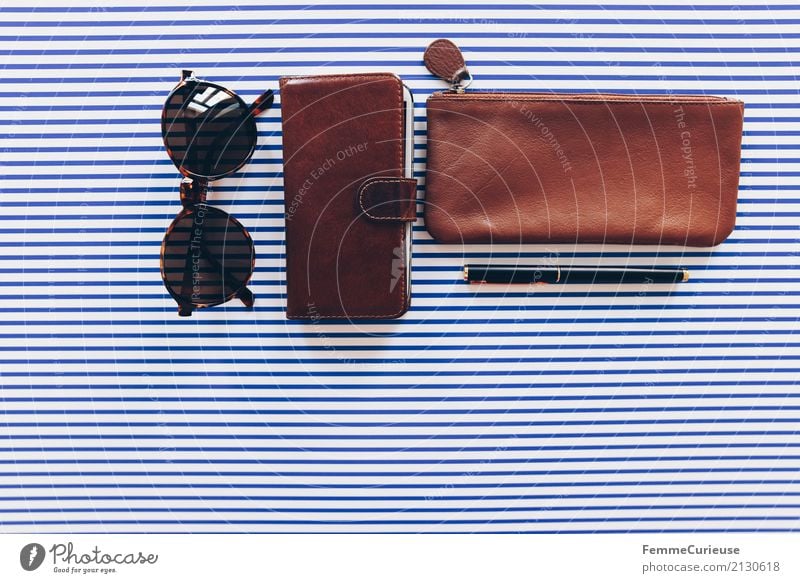 Super Still Life (01) Paper Elegant Leather Leather bag mobile phone bag Cellphone Sunglasses Pen Fountain pen Ballpoint pen Noble Brown Striped Design