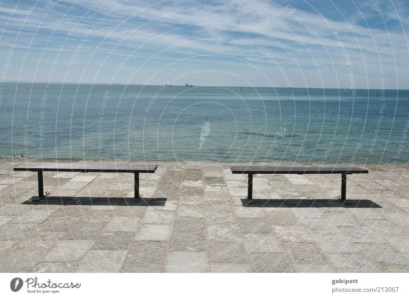 look out at the sea again Environment Nature Elements Horizon Summer Warmth Coast Ocean Lisbon Port City Promenade Beach facilities Bench