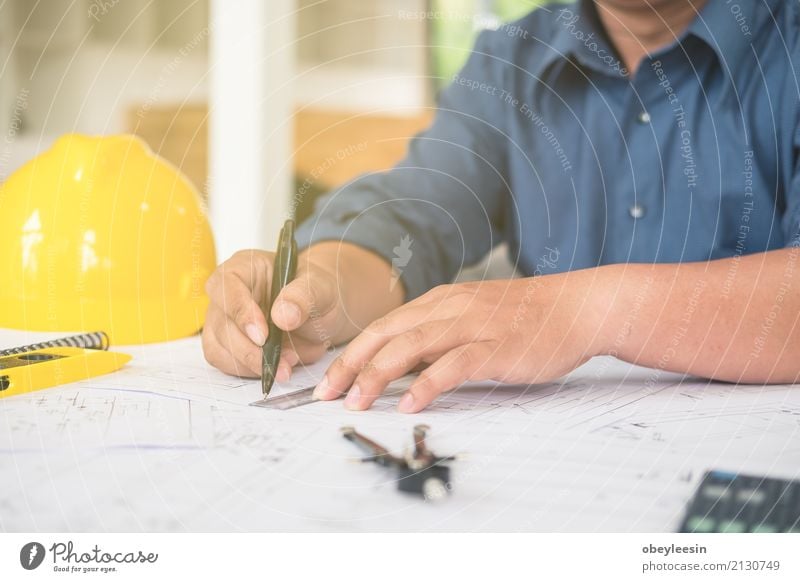 Architect or planner working on drawings for construction Design Desk Work and employment Profession Office Business Meeting Computer Notebook Technology