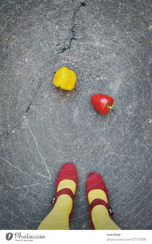 paprika feet Legs Woman Girl feminine Stockings Footwear High heels Red Yellow Street Asphalt Vegetable Pepper Food 2 Exceptional Strange dropped