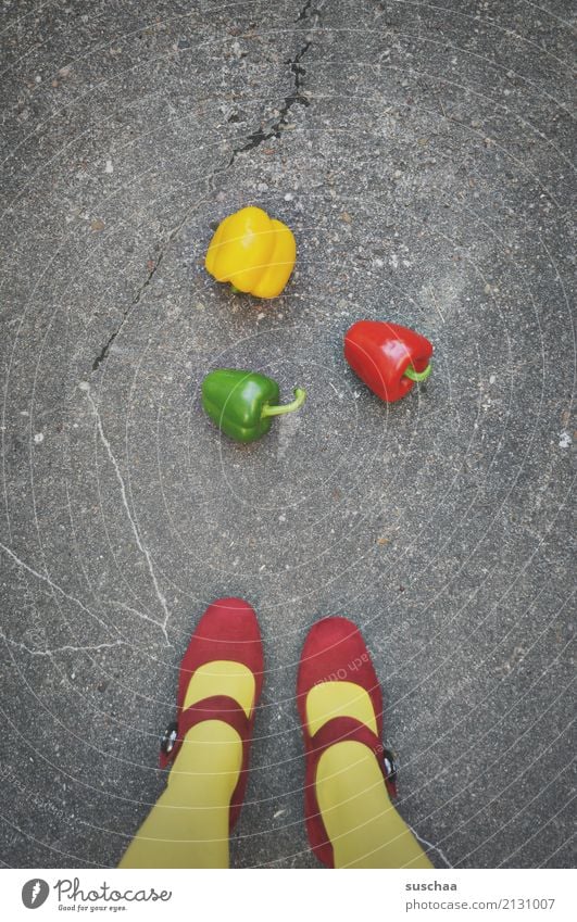 paprika (2) feet Legs Woman Girl feminine Stockings Footwear High heels Red Yellow Green traffic light colour Street Asphalt Vegetable Pepper Food 3 Exceptional