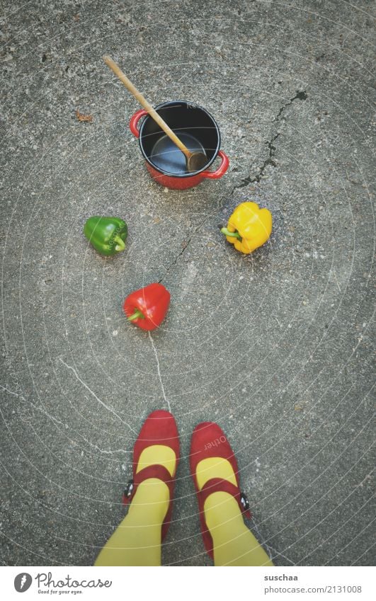 street cooking feet Legs Woman Girl feminine Stockings Footwear High heels Red Yellow Green Street Asphalt Vegetable Pepper Food 3 Exceptional Strange dropped