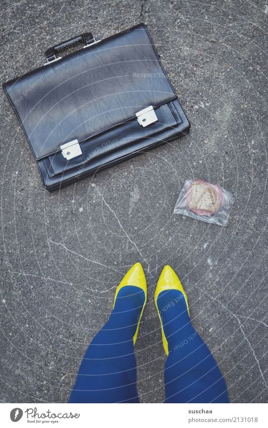 lunch break Legs Footwear High heels Woman feminine File case Street Work and employment Lunch hour Brunch Yellow Blue Strange Whimsical Accident