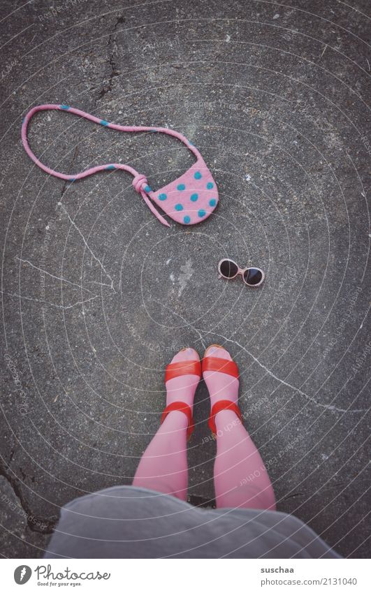 the last excursion Going out Summer Sunday To go for a walk Sunglasses Handbag feminine Legs Feet High heels Pink Stand Street Asphalt Stockings Skirt