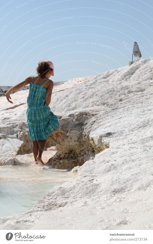 Walk The Line Vacation & Travel Summer vacation Girl 1 Human being Water Rock Going Hiking Bright Wet Beautiful Colour photo Exterior shot Day