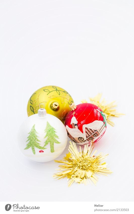 Three Christmas tree balls with golden stars Design Joy Feasts & Celebrations Christmas & Advent Glass Ornament Sphere Glittering Round Gold Green Red White