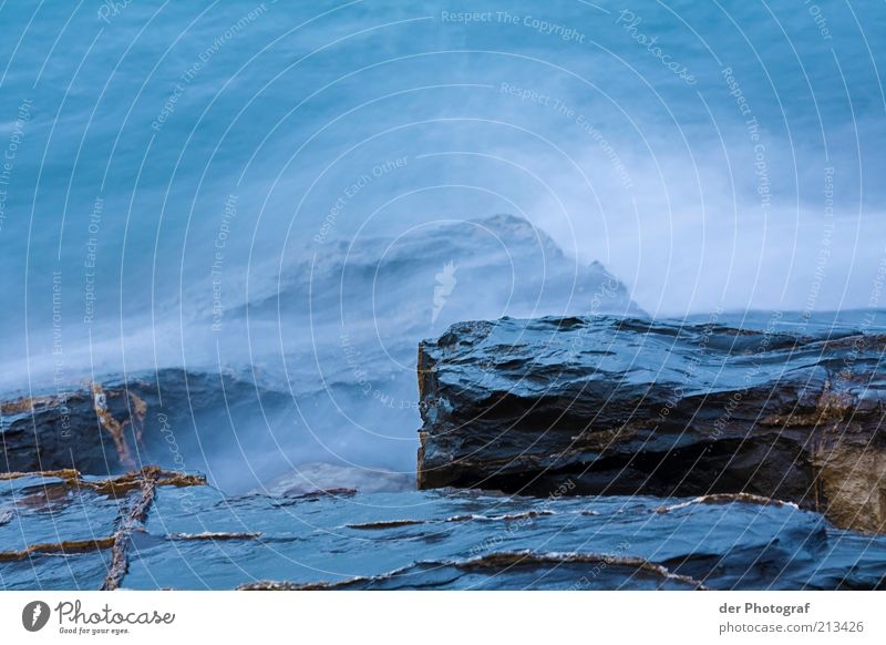 After me the flood of meaning Water Waves Coast Bay Ocean Cold Wet White crest Rock Colour photo Copy Space top Copy Space bottom Evening Long exposure Deserted