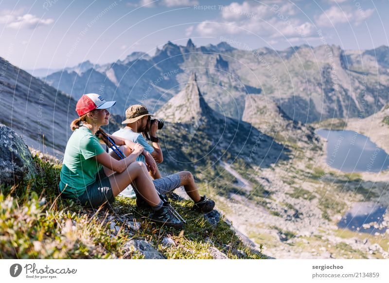 A couple of trekkers. Friendship Partner Nature Landscape Hill Rock Alps Mountain Peak To enjoy Hang Smiling Vacation & Travel Looking Happiness Together