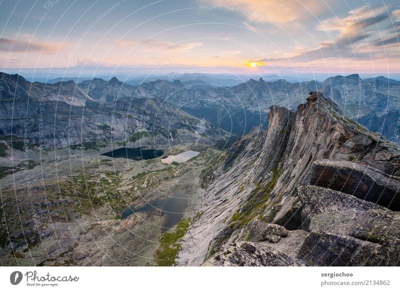 meeting the sunset on the top of a mountain Landscape Sun Hill Rock Alps Mountain Peak Lake Uniqueness Vacation & Travel Siberia Beautiful weather Nature