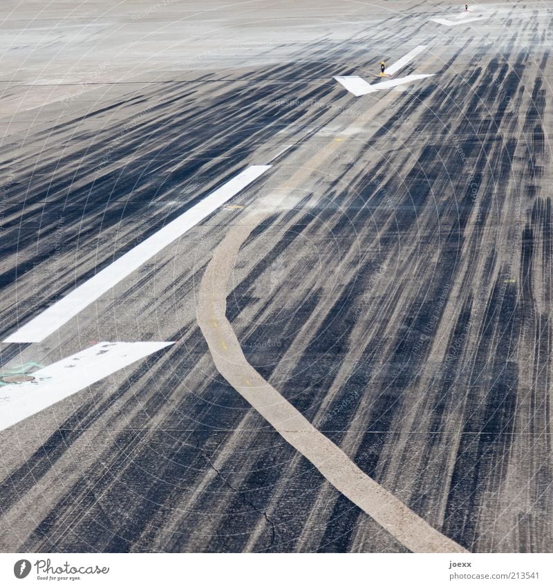 hit the ground running Traffic infrastructure Aviation Runway Concrete Sign Line Gray Black White Skidmark Arrow Tracks Traffic lane Against Direction