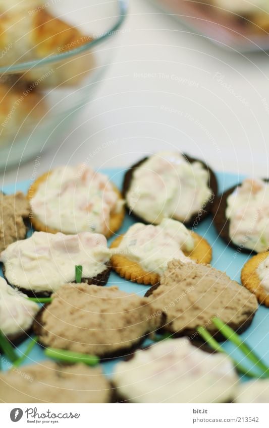 Salmon cream on pumpernickel Food Sausage Nutrition Finger food Snack Black bread Plate Liver sausage Dish Break Brunch Delicacy Part Round Small Blur Chives