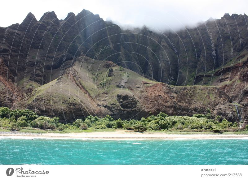 Na Pali Coast II Landscape Elements Earth Water Sky Bushes Hill Rock Mountain Waves Beach Ocean Pacific Ocean Island Kauai Wild Power Primordial Rocky coastline