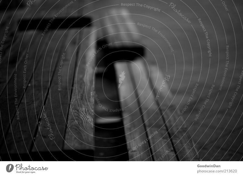 SET YOU Bench Concrete Wood Old Dark Sharp-edged Cold Gloomy Moody Black & white photo Exterior shot Deserted Twilight Shadow Contrast Shallow depth of field