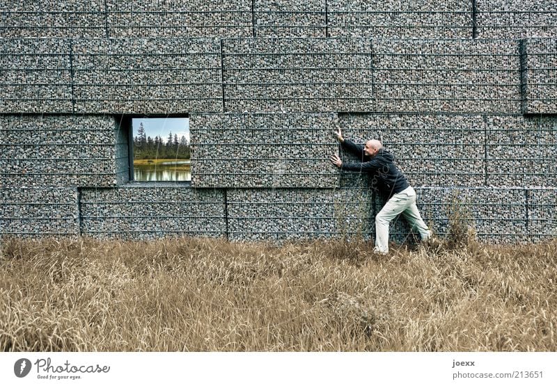 Nature obstructed: Man pushes the last brick into position Environmental protection Gabion Landscape Destruction man at work Nature and city