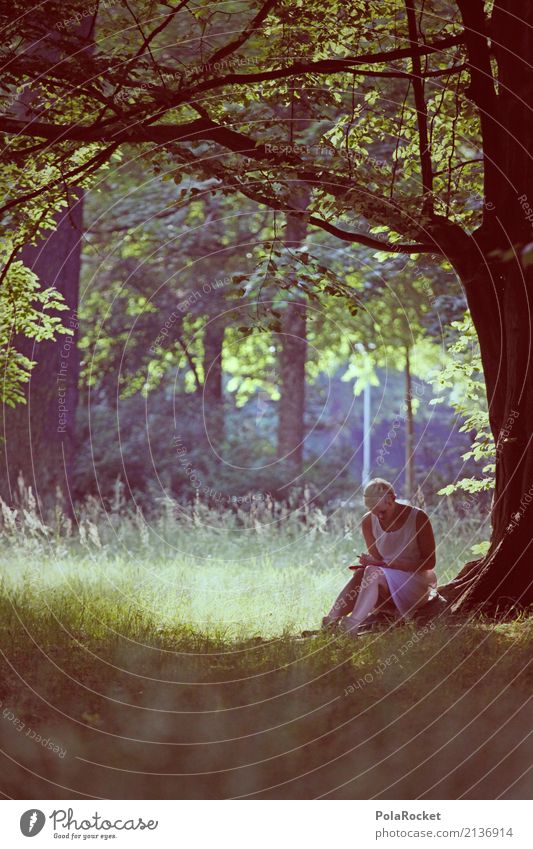 #A# Forest Day Art Esthetic Tree Park Idyll Peaceful Remote Calm Nature Clearing Woman Exterior shot Relaxation Sit Colour photo Multicoloured Experimental