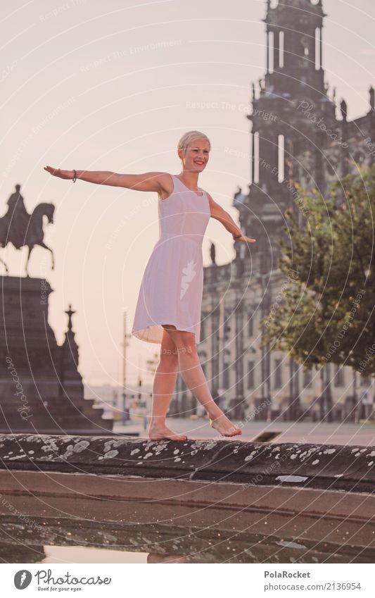 #A# Fountain dance Art Work of art Esthetic Woman Balance Well Dresden Old town Baroque Ease Joy Dress White Dresden Hofkirche Equestrian statue Colour photo