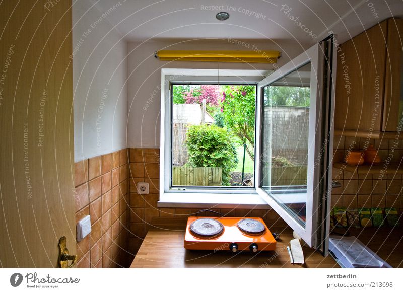 Inside the kitchen, outside the garden. Living or residing Flat (apartment) Garden Kitchen Window Open Ventilate Vista Colour photo Interior shot Detail