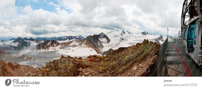 Run up, run down. Nature Landscape Sky Clouds Summer Climate Beautiful weather Alps Mountain Peak Snowcapped peak Glacier Cable car Gigantic Tall Above Blue