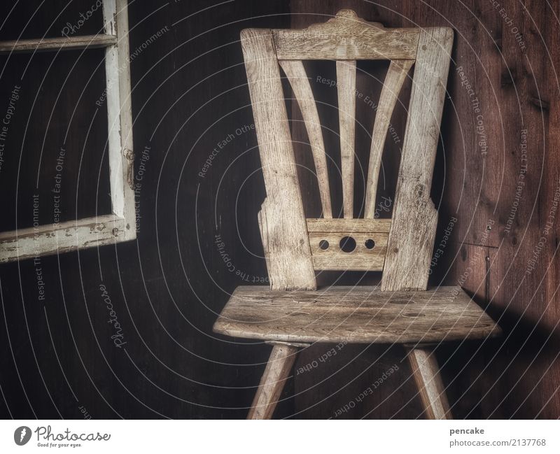 Night loneliness. Window Wood Dark Retro Design Break Calm Dream Sadness Chair Empty Gloomy Nostalgia Wooden chair Allgäu Loneliness Past Colour photo