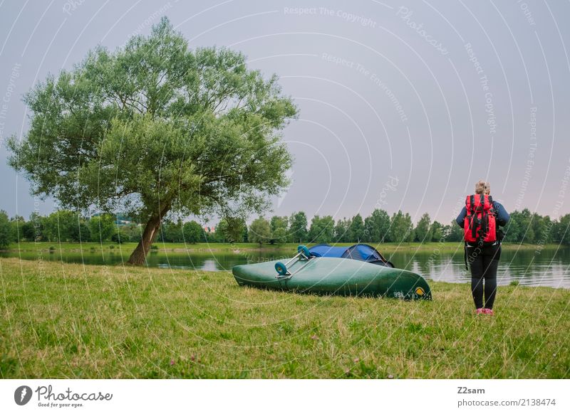 Sleeping place found Adventure Camping Summer vacation Young woman Youth (Young adults) 18 - 30 years Adults Nature Landscape Tree Meadow Lakeside River