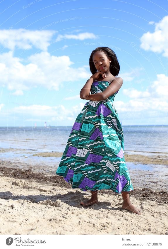 gloria Feminine Girl 1 Human being Sand Water Sky Clouds Summer Beautiful weather Beach Baltic Sea Dress Black-haired Long-haired Observe To hold on Looking