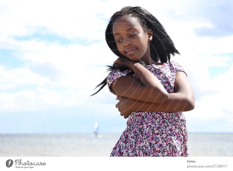 gloria Feminine Girl 1 Human being Sky Clouds Horizon Summer Beautiful weather Beach Baltic Sea Dress Black-haired Long-haired Observe Think To hold on Smiling