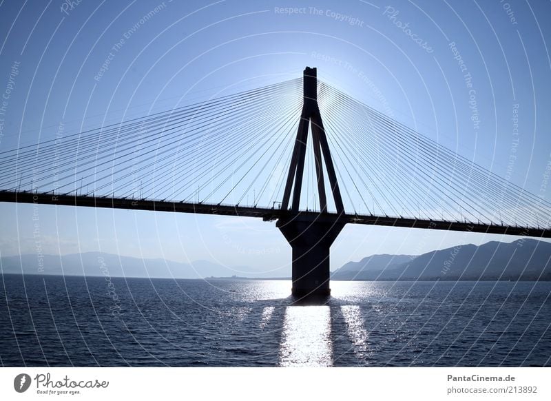 downside Summer Ocean Water Cloudless sky Horizon Patras Greece Deserted Bridge Charilaos Tricoupis Bridge Rio-Antirrio bridge Road traffic Highway Esthetic