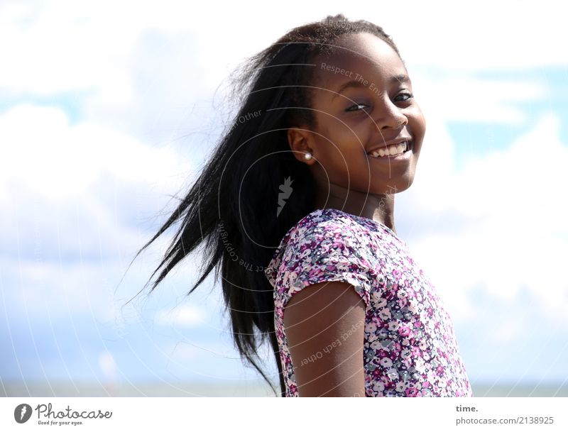 Gloria at the Baltic Sea Feminine Girl 1 Human being Sky Clouds Summer Beautiful weather Coast Dress Black-haired Long-haired Observe Relaxation Laughter