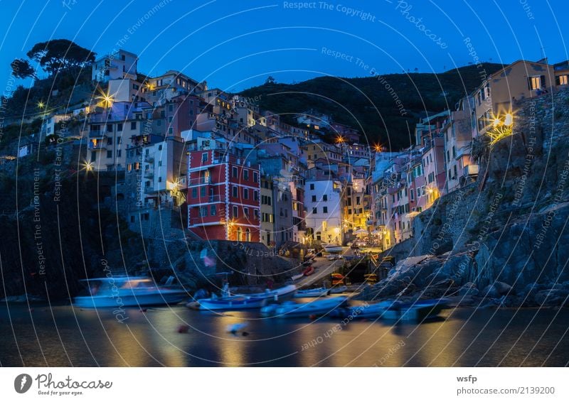 Riomaggiore at night Cinque Terre Liguria Italy Ocean Landscape Coast Village Old town Architecture Historic Lighting La Spezia travel panorama Europe Cliff