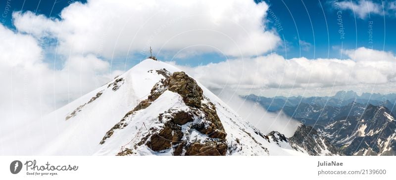 Gifel des mölltal glacier with summit cross Peak Snowcapped peak Mountain Peak cross Alps Austria Glacier Ice Snowfall June Summer Spring Clouds Fog Looking