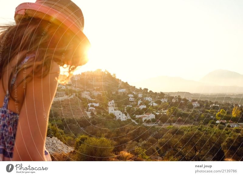 Endless buzzer Feminine Girl 1 Human being 8 - 13 years Child Infancy Landscape Sunlight Summer Beautiful weather Hill Island Crete Greece Village Hat Looking