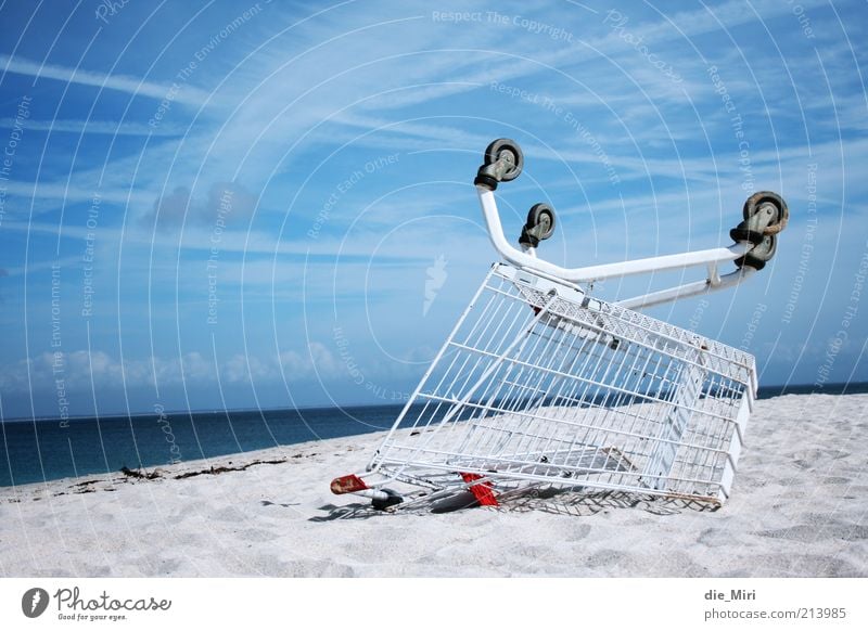 beach buggy Nature Sand Sky Clouds Shopping Trolley Water Blue White Ocean Colour photo Exterior shot Deserted Copy Space left Day Beach Sandy beach