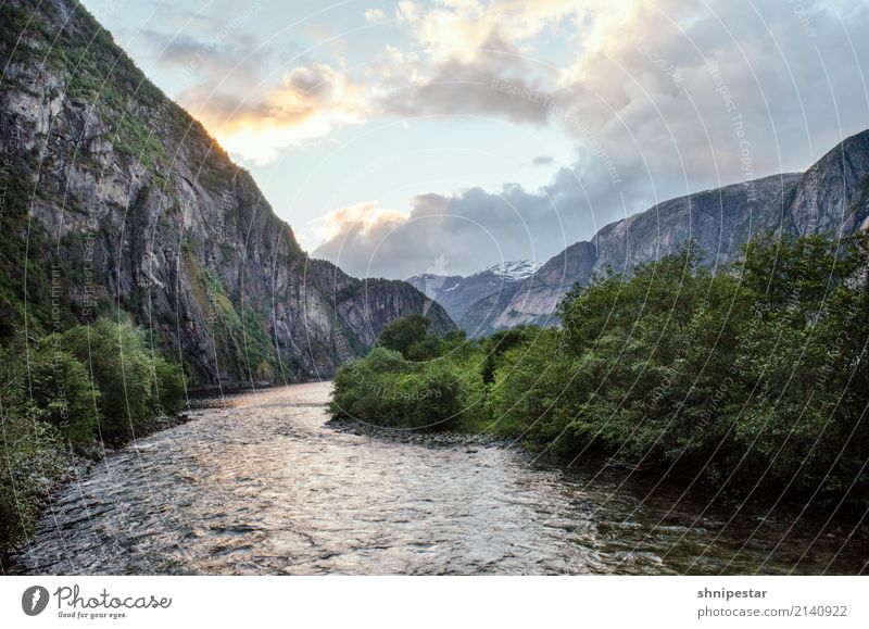 Eidfjord, Norway Aquatics Climbing Mountaineering Hiking Environment Nature Landscape Elements Water Sky Clouds Sunrise Sunset Tree Rock Canyon River bank Fjord