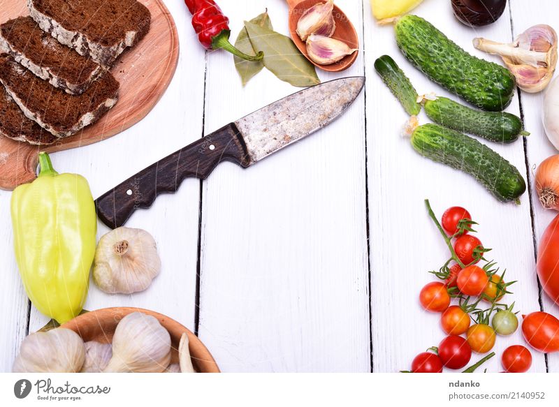 vegetables tomatoes, cucumber and pepper Vegetable Bread Herbs and spices Knives Fresh Green Red Salad Garlic Tomato knife empty space gazpacho Rye Harvest