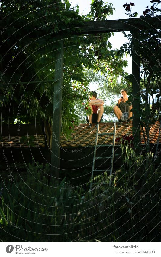 Teen Sitting Relaxed On A Roof Friends Youth (Young adults) Summer 2 Friendship Summer's day Human being chill Observe carefree To enjoy Together Summertime