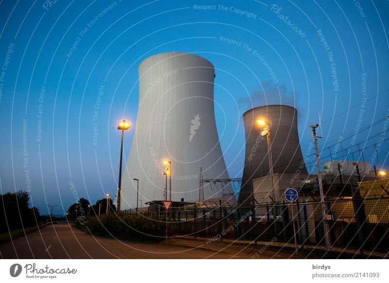 energy giant Video camera Energy industry Nuclear Power Plant Cloudless sky Night sky Philippsburg Germany Industrial plant Cooling tower Street Road sign