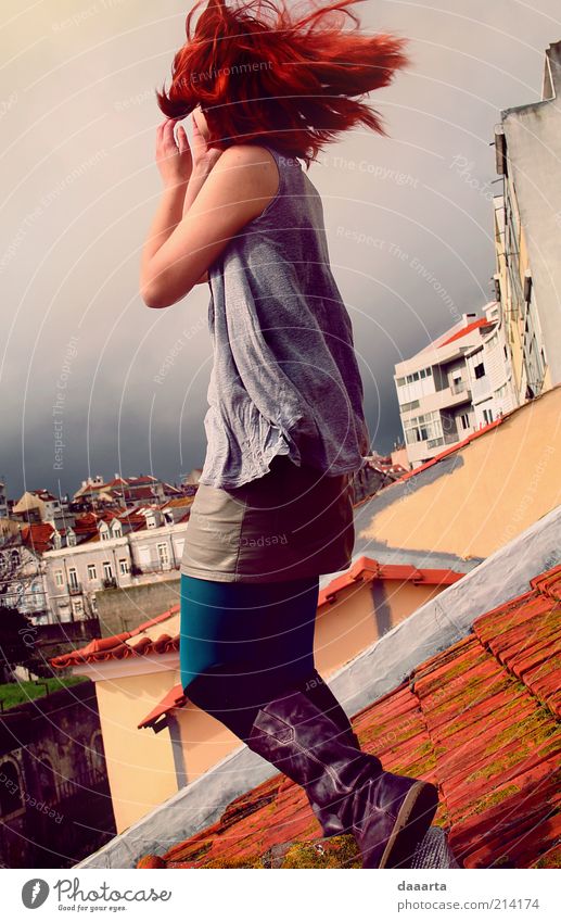 roofs of Lisboa Vacation & Travel Trip City trip Feminine Young woman Youth (Young adults) Woman Adults 1 Human being 18 - 30 years Sky Clouds Storm clouds Wind