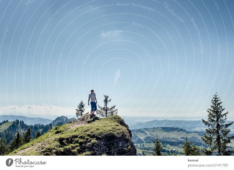 Woman on top of mountain while hiking in nice weather Lifestyle Well-being Contentment Relaxation Calm Leisure and hobbies Vacation & Travel Trip Adventure