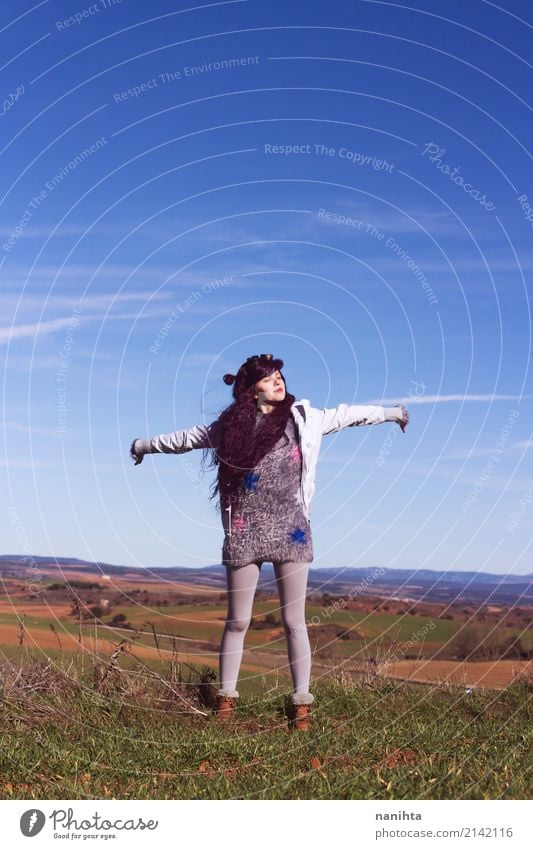 Young woman raising her arms in the middle of sky Lifestyle Style Healthy Wellness Well-being Relaxation Adventure Freedom Human being Feminine