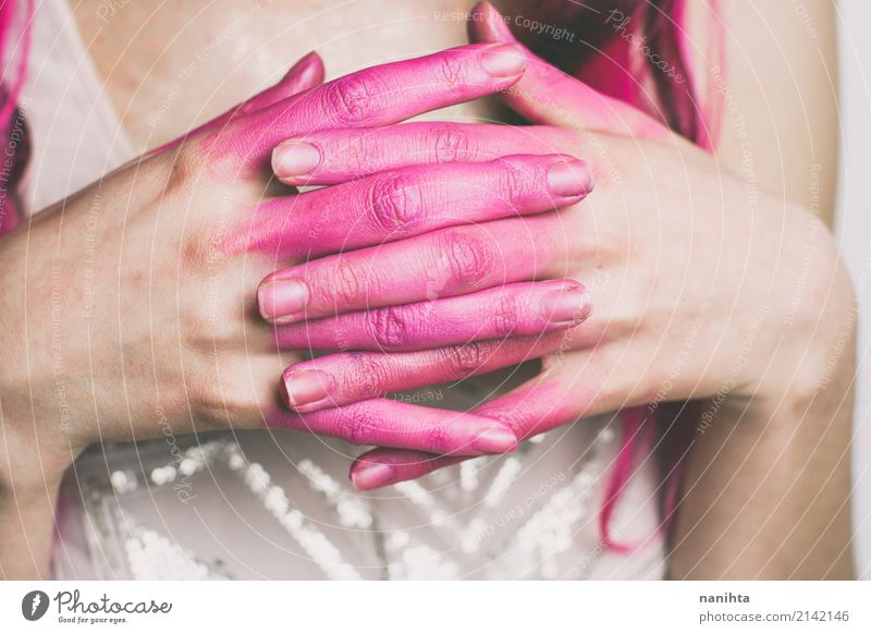 Young woman's hands joined and painted with pink Style Design Make-up Human being Feminine Youth (Young adults) Hand Fingers 1 18 - 30 years Adults Art