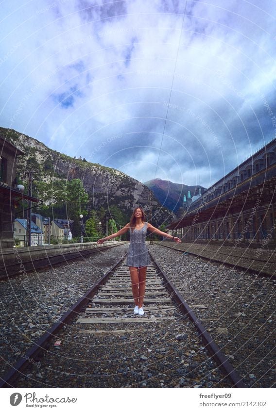 Young woman standing in the abandoned railway of Canfranc Vacation & Travel Tourism Trip Adventure Mountain Hiking Human being Feminine Youth (Young adults) 1